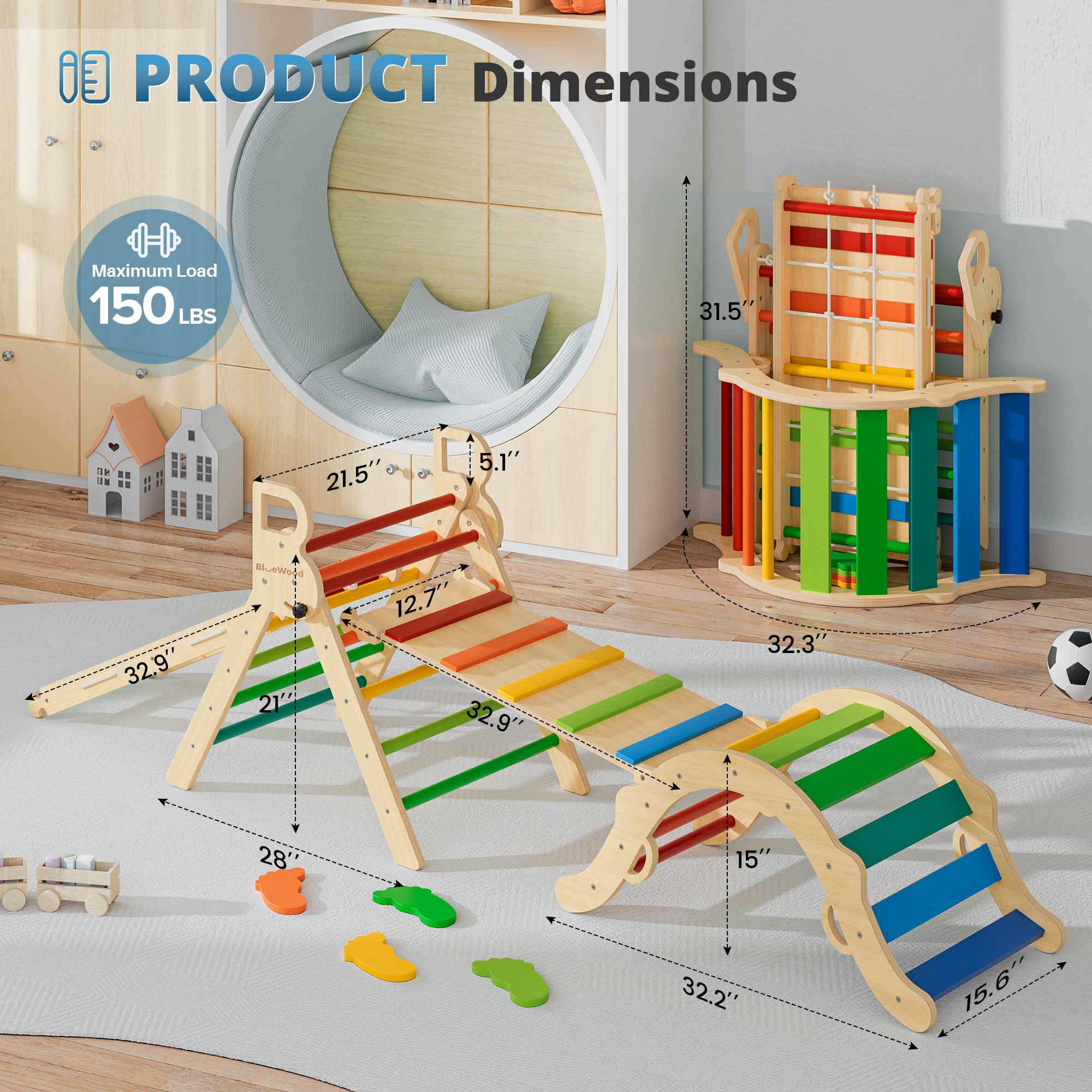 Ramble- Juego triangular Pikler de BlueWood® con escalera de cuerda *Arcoíris